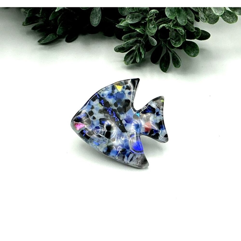 Handcrafted Fish-Shaped Glass Brooch With Multicolor Abstract Design & Secure Pi